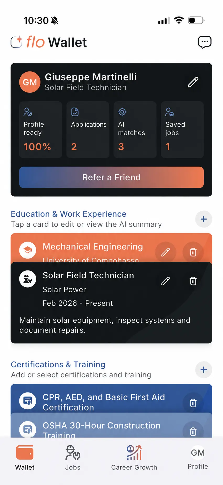 Flo Wallet profile showing work experience, certifications and the Refer a Friend button