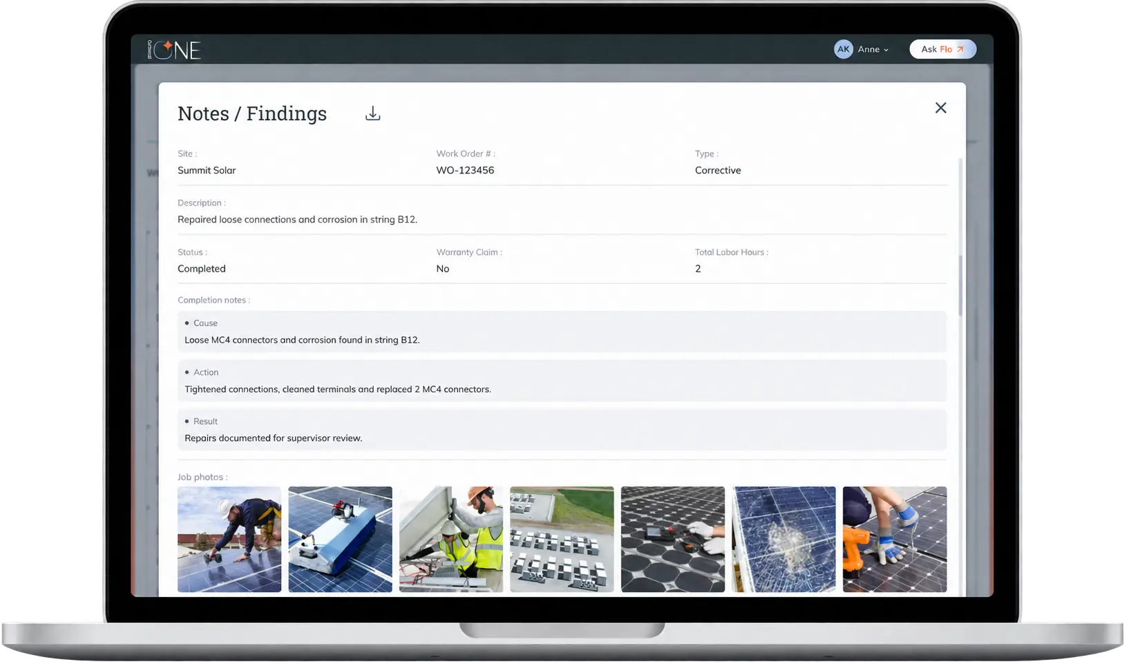 Flo customer report showing the work order, completion notes, cause, action, result and job photos.