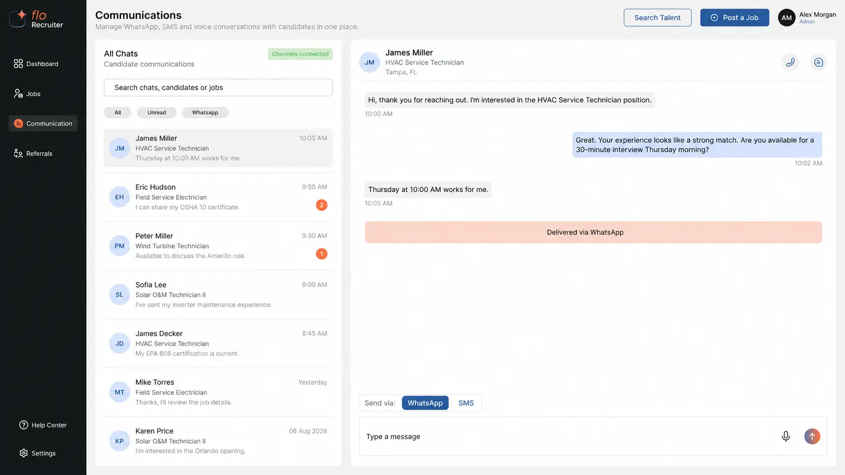 Flo communications screen showing candidate conversations and WhatsApp and SMS options.