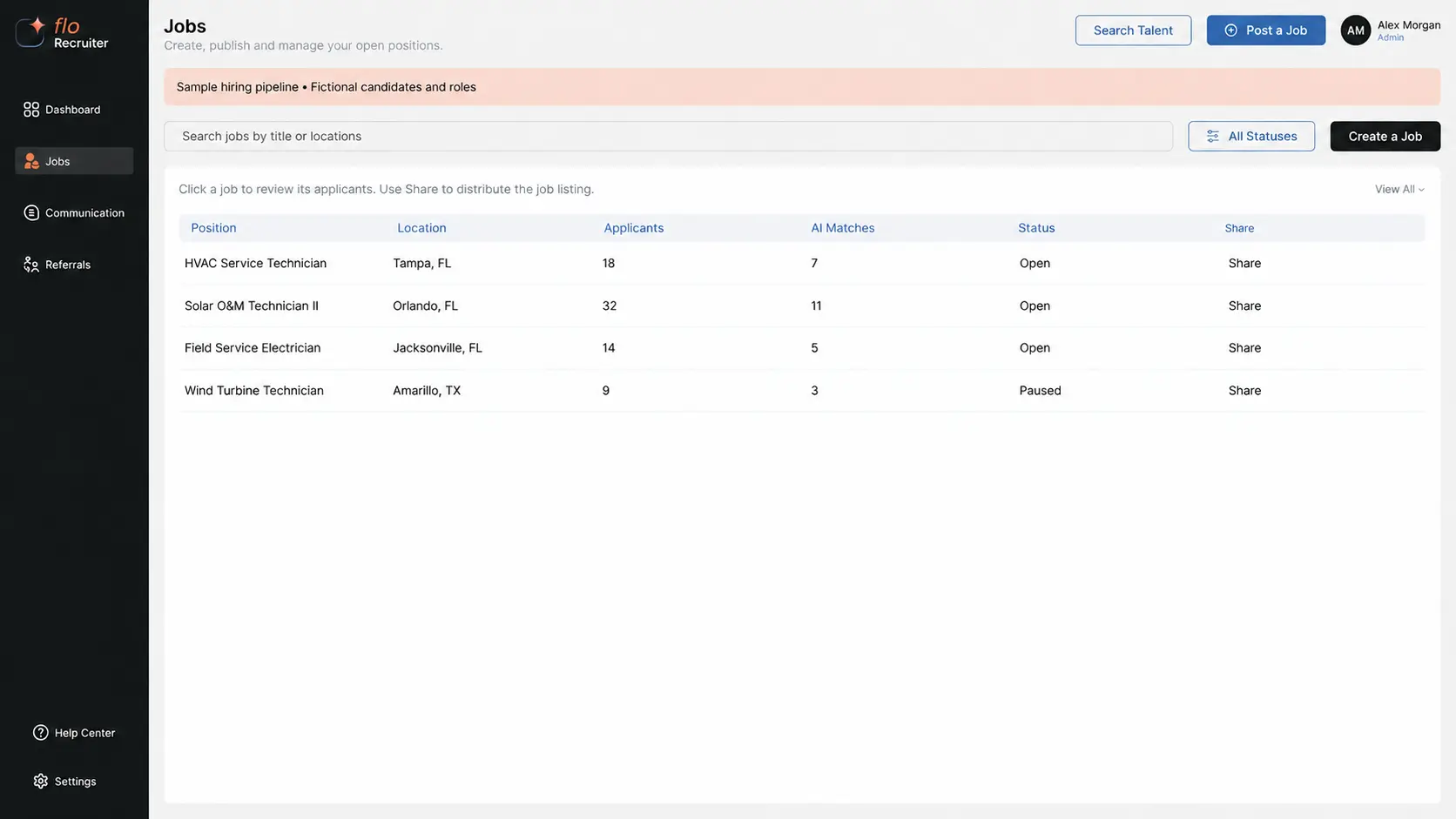 Flo jobs screen with field service positions, applicants, AI matches and status.